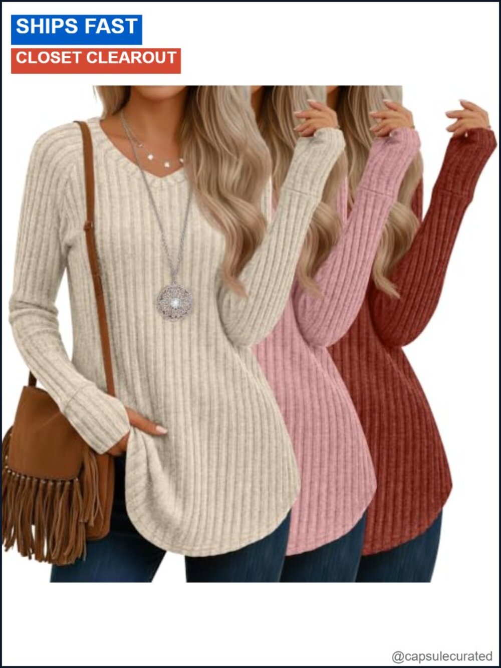 Women's V-Neck Long Sleeve Tunic Sweater Ribbed Thumb Holes